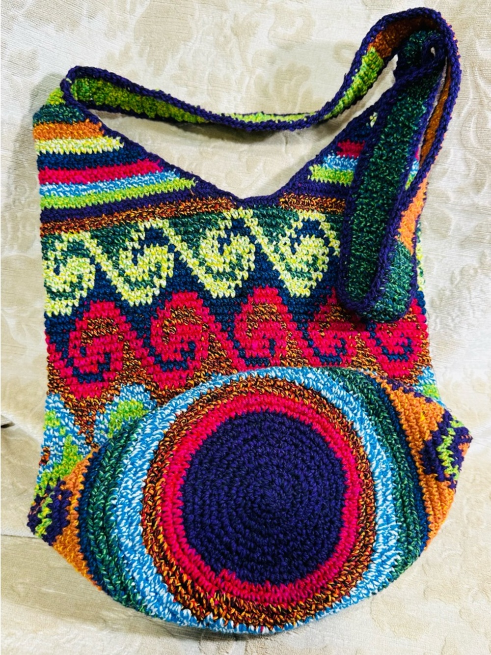 Handmade Tapestry Crochet Boho Crossbody Bag - Vibrant Spiral Mochila Style - Picture 2 of 3